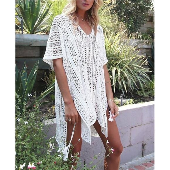 White Knit Crochet Bikini Swimsuit Coverup Dress Short Sleeve Swim Beach Dress‎ - Picture 2 of 7